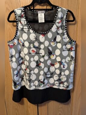 Zoe Sleeveless Bird Print Tank Top in Gray and Black